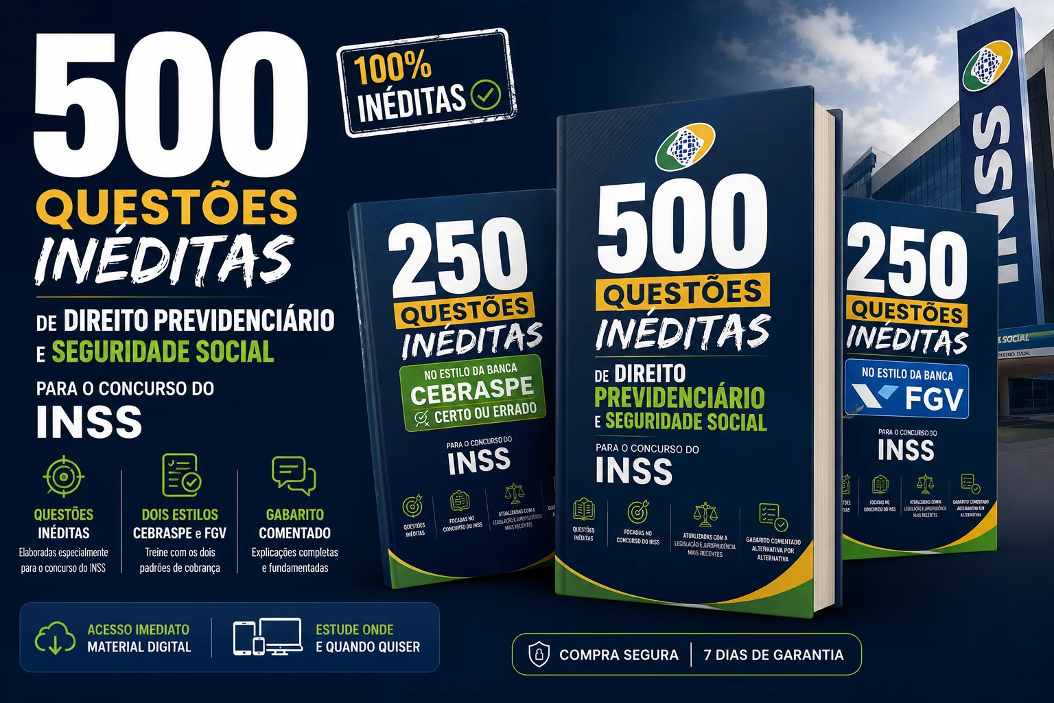 Mockup do material 500 questões de Direito Previdenciário para INSS